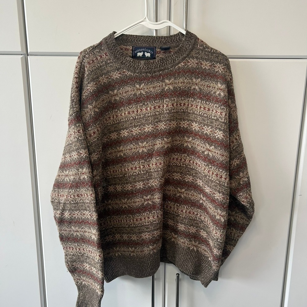 Woods & Gray Mens XL Silk Wool Blend Fair Isle Crewneck Sweater Brown Earth